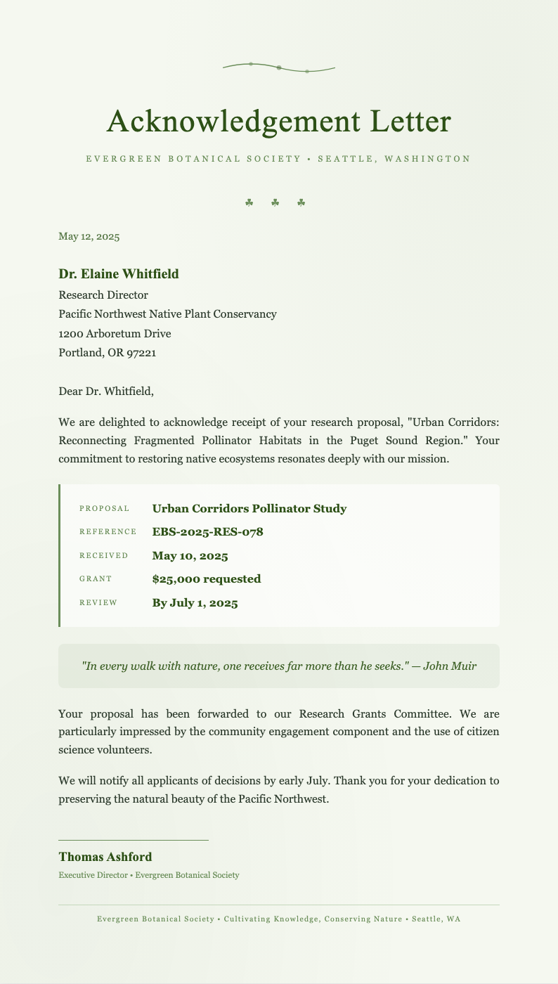 Botanical nature acknowledgement letter